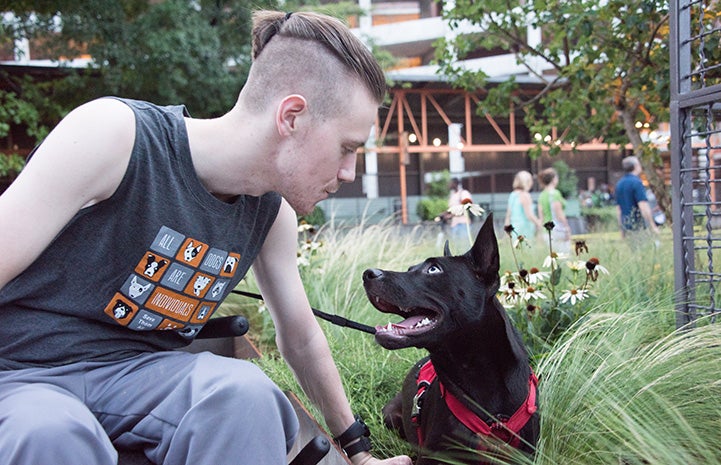 Man in wheelchair leaning down to Cougar the dog